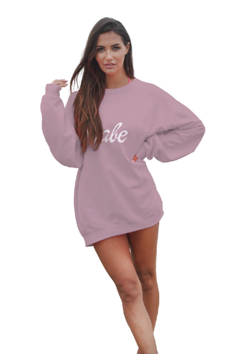 Oversized Cursive “Babe” Crew Neck Sweatshirt - Pink Cursive